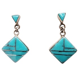 Signed Zuni Sterling Turquoise Inlay Earrings 2.6g