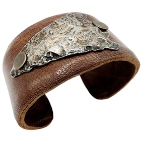 Southwest Leather Pewter Arrowhead Cuff Bracelet 40.9g