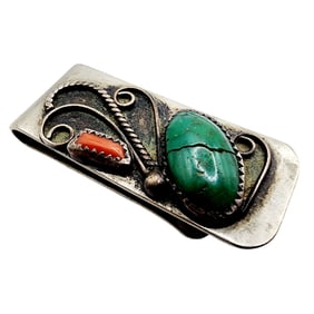Vintage Navajo Turquoise Coral Money Clip 17.9g