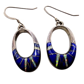 Michael Rogers Paiute Indian Sterling Lapis Opal Inlay Earrings 3.7g