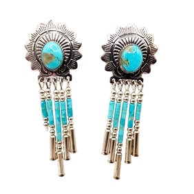 Quoc Trading Sterling Turquoise Concho Fringe Earrings 6.6g