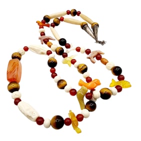 Sterling Fetish Owl Bird Multistone Bead Necklace 56g