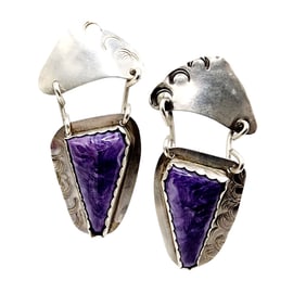 Signed 'Mel' Sterling Stamped Charoite Earrings 16.7g