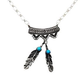 Signed 'D' Navajo Sterling Turquoise Feather Dangle Necklace 9.7g