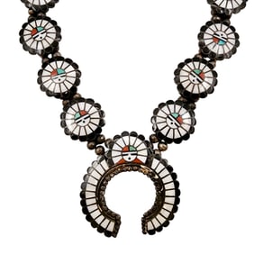 Vintage Zuni Sterling Multi Stone Sun Face Inlay Squash Blossom Necklace 223g