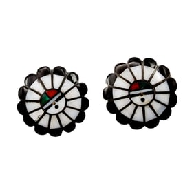 Vintage Zuni Sterling Multi Stone Sun Face Inlay Earrings 12.3g