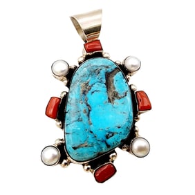 Outstanding Chimney Butte Turquoise Coral Pearl Sterling Pendant 49.3g
