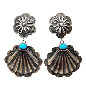 R & G Daye Navajo Sterling Scalloped Concho Turquoise Earrings 13.7g