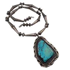 Huge Early Navajo Handmade Sterling Turquoise And Bead Necklace 114.9g