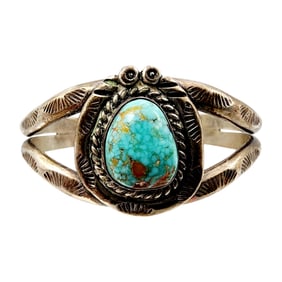 Vintage Navajo Sterling Handstamped Turquoise Cuff 38.3g