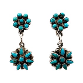 Vintage Zuni Signed 'E' Turquoise Petit Point Cluster Dangle Earrings 7.3g
