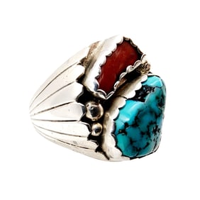 Vintage Navajo Heavy Sterling Turquoise Coral Men's Ring Sz 13.5 22.1g