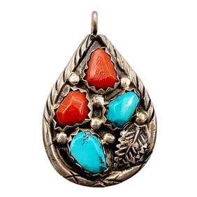 Vintage Angelita Cheama Zuni Sterling Turquoise Coral Pendant 10.7g