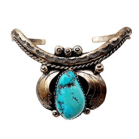 Vintage Tom Bahe Navajo Sterling Turquoise Handstamped Cuff 20.9g