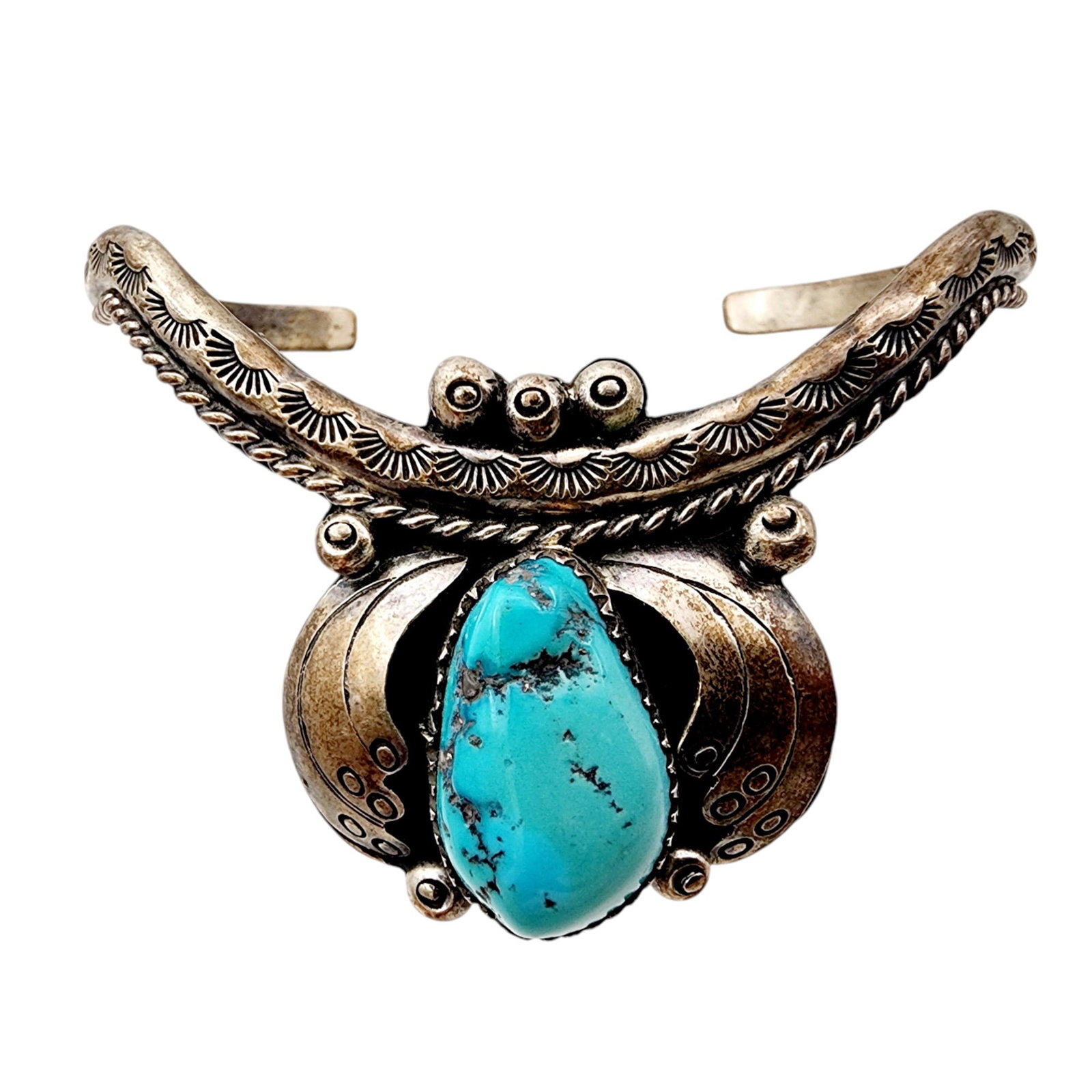Vintage Tom Bahe Navajo Sterling Turquoise Handstamped Cuff 20.9g: Vintage Tom Bahe Navajo Sterling Turquoise Handstamped Cuff 20.9g