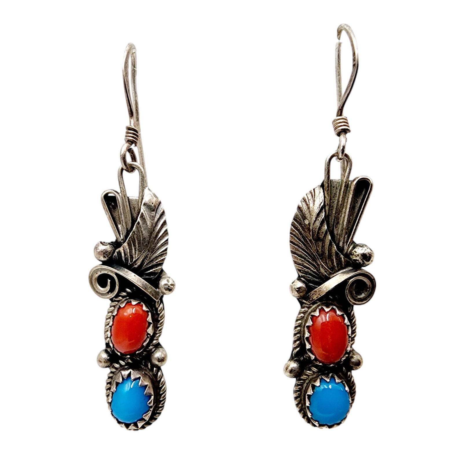 Vintage Navajo Handsigned 'JM' Sterling Turquoise Coral Earrings 4.2g: Vintage Navajo Handsigned 'JM' Sterling Turquoise Coral Earrings 4.2g