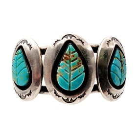 Incredible Wilton Carviso Jr. Navajo Sterling Stamped Carved Turquoise Cuff 52.7g