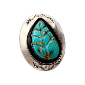 Incredible Wilton Carviso Jr. Navajo Sterling Stamped Carved Turquoise Ring Sz 5.5 8.1g