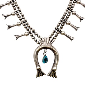 Vintage Navajo Turquoise Sandcast Squash Blossom Necklace 175g