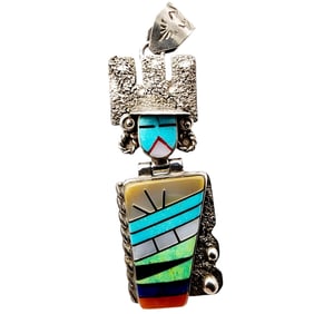 Rare Bevis Tsadiasi Zuni Sterling Tufa Cast Multistone Inlay Kachina Pendant 8g