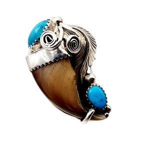 Running Bear Sterling Turquoise Bear Claw Ring Sz 10.75 11.4g