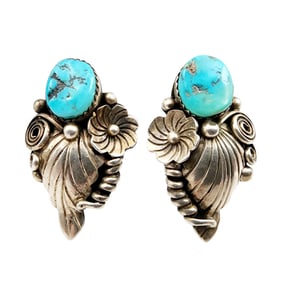 Vintage Jamison Kee Navajo Sterling Detailed Turquoise Spiral Earrings 13.7g