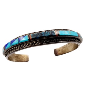 Vintage Bobby Johnson Navajo Sterling Turquoise Inlay Cuff 19.2g