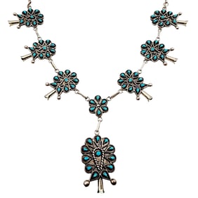 Vintage Zuni Signed 'TL' Sterling Turquoise Petit Point Squash Blossom Necklace 32.5g