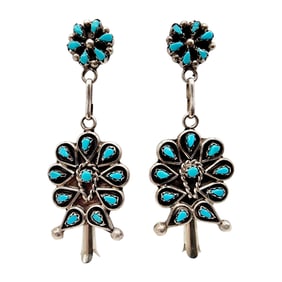Vintage Zuni Sterling Turquoise Petit Point Squash Blossom Earrings 7.8g