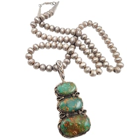 Vintage Navajo Sterling Huge Turquoise Chunk Handmade Stamped Bead Necklace 80g