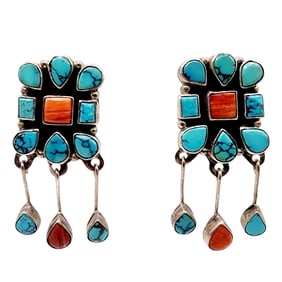 Vintage Oscar Betz Rare Incredible Sterling Turquoise Spiny Oyster Cluster Dangle Earrings 20.5g