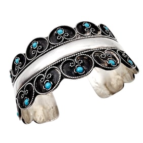 Vintage Zuni Snake Eye Turquoise Signed 'Silver 1000' Cuff Bracelet 28.3g