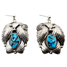 Large Hand Signed 'NT' Navajo Sterling Turquoise Earrings 20g