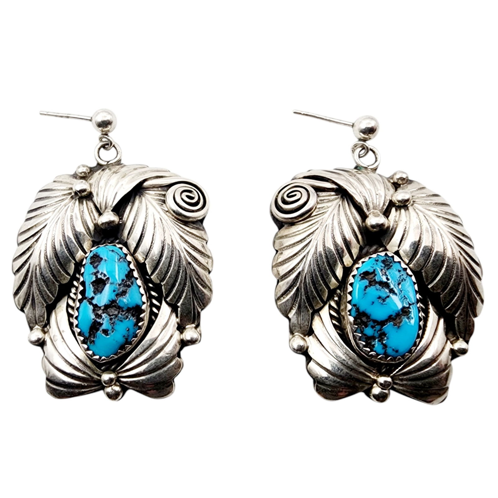 Large Hand Signed 'NT' Navajo Sterling Turquoise Earrings 20g (1 of 6)