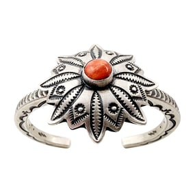 Beautiful Ronald Tom Navajo Coral Stamped Heavy Gauge Sterling Cuff Bracelet 60.8g