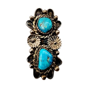 Vintage Handsigned 'MEU' Navajo Sterling Double Turquoise Flower Ring Sz 7 8.3g