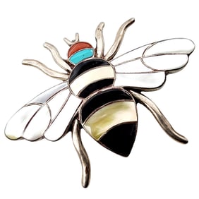 Porfilio Sheyka Zuni Big Sterling Inlay Bee Pendant/Brooch 13.7g