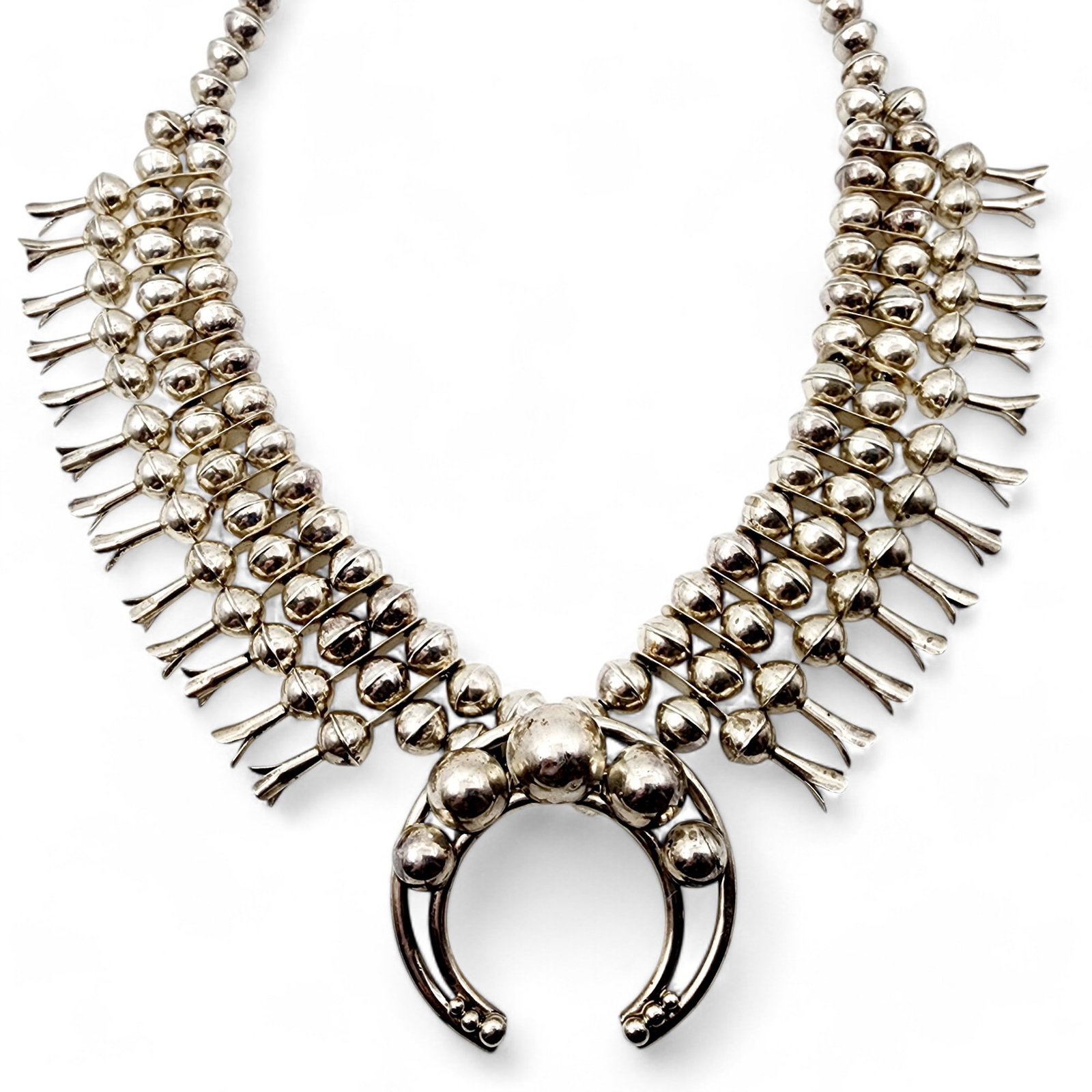 SL' Stanley Lee? Navajo Vintage Sterling Triple Bead Squash Blossom Necklace 134.2g: SL' Stanley Lee? Navajo Vintage Sterling Triple Bead Squash Blossom Necklace 134.2g as is - small indentations in bead