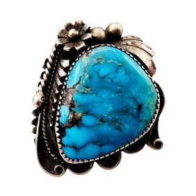 Beautiful Large Navajo Sterling Turquoise Scroll Ring Sz 7.5 19.6g