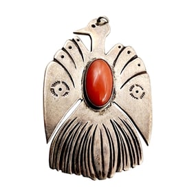 Vintage Signed Native American Sterling Coral Thunderbird Pendant 10.2g