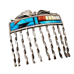 Santo Domingo Sterling Turquoise Coral Cobblestone Inlay Hair Comb 17.1g