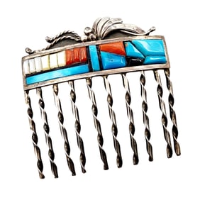 Santo Domingo Sterling Turquoise Coral Cobblestone Inlay Hair Comb 17.3g