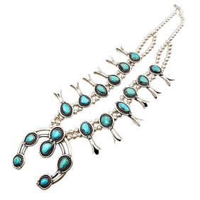 Vintage Navajo Sterling Turquoise Squash Blossom Necklace 189.3g