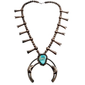 Vintage Navajo Sterling Turquoise Squash Blossom Necklace 115.7g