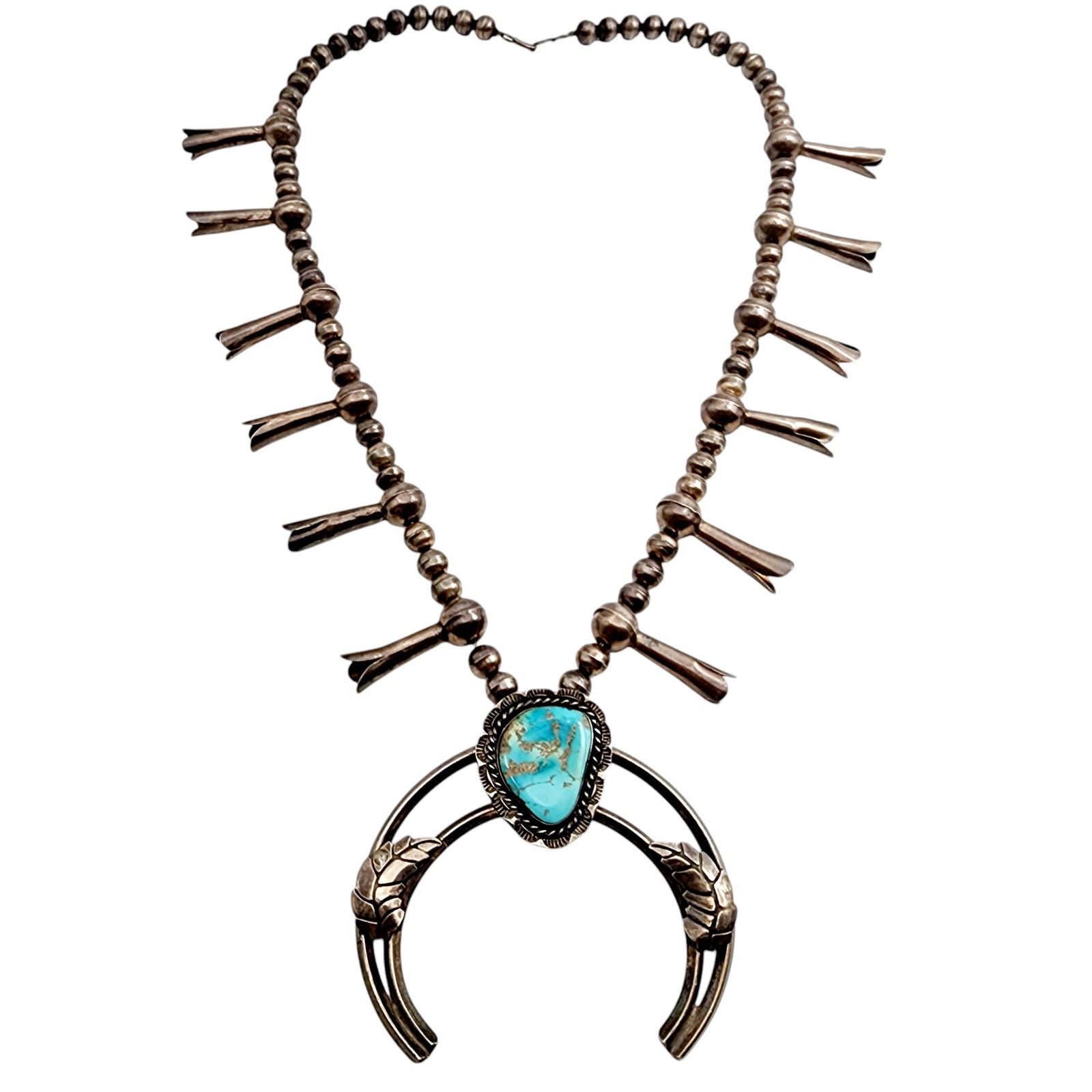 Vintage Navajo Sterling Turquoise Squash Blossom Necklace 115.7g (1 of 10)