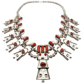 Incredible Frank Yazzie Navajo Sterling Coral Kachina Doll Necklace 173.1g