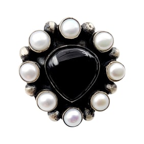 Big Jones Latome Navajo Sterling Onyx Pearl Cluster Ring Sz 7 33.3g