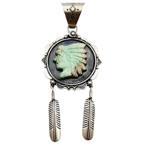Amazing Running Bear Carved Turquoise Indian Chief Sterling Feather Dangle Pendant 33.3g
