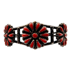 Vintage Zuni Sterling Coral Petit Point Cluster Cuff Bracelet 18.7g