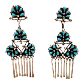 Vintage Zuni Turquoise Petit Point Cluster Chandelier Earrings 24.7g